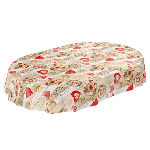 ANRO Tischdecke Weihnachtstischdecke abwaschbar Wachstischdecke Christmas Rot Beige Oval 220x140cm von ANRO