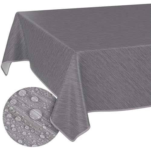 ANRO Tischdecke abwaschbar Wachstuch Wachstuchtischdecke Gartentischdecke Leinen-Optik Pflegeleicht Wasserabweisend 200 x 140 cm (Rechteckig) Grau mit Saum von ANRO