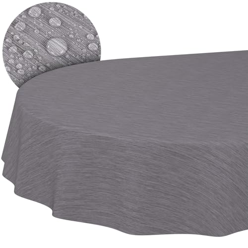 ANRO Tischdecke abwaschbar Wachstuch Wachstuchtischdecke Gartentischdecke Leinen-Optik Pflegeleicht Wasserabweisend 280 x 140 cm (Oval) Grau Schnittkante von ANRO