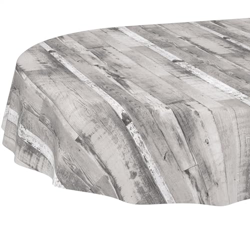 ANRO Tischdecke oval abwaschbar ohne Einfassung – Holzoptik Grau Weiß – Wachstuch pflegeleicht – ideal für Küche, Garten, Terrasse 200 x 140 cm (Oval) von ANRO