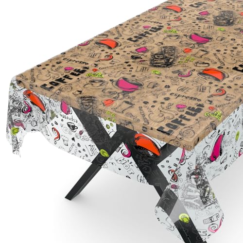 ANRO Tischdecke transparent Folie durchsichtige Wachstuchtischdecke Tischschutz Schutzfolie Tischfolie Bedruckt Motiv Coffee 140 x 140cm Schnittkante von ANRO