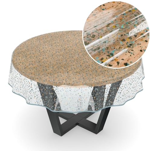 ANRO Tischdecke transparent Folie durchsichtige Wachstuchtischdecke Tischschutz Schutzfolie Tischfolie Bedruckt Motiv Terrazo Rund 100cm mit Saum von ANRO