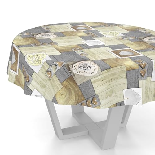 ANRO Wachstuchtischdecke Wachstischdecke Wachstuch Tischdecke abwaschbar Gartentischdecke Rund Oval Eckig Rund 120cm Schnittkante Holzmotiv Herz von ANRO