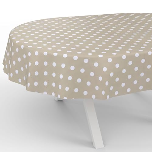 ANRO Wachstuchtischdecke Wachstischdecke Wachstuch Tischdecke abwaschbar Gartentischdecke Wasserabweisend Oval 180x140cm Schnittkante Punkte Beige von ANRO