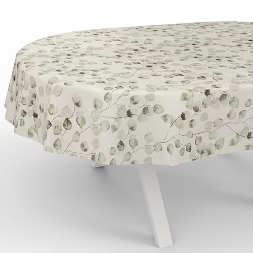 ANRO Wachstuchtischdecke Wachstischdecke Wachstuch Tischdecke abwaschbar Gartentischdecke Wasserabweisend Oval 200x140cm Schnittkante Eukalyptus von ANRO