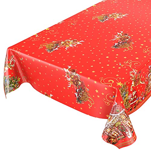 ANRO Wachstuchtischdecke Wachstuch Wachstischdecke Tischdecke Weihnachten Weihnachtsmann Rot Sterne 160x140cm eingefasst von ANRO