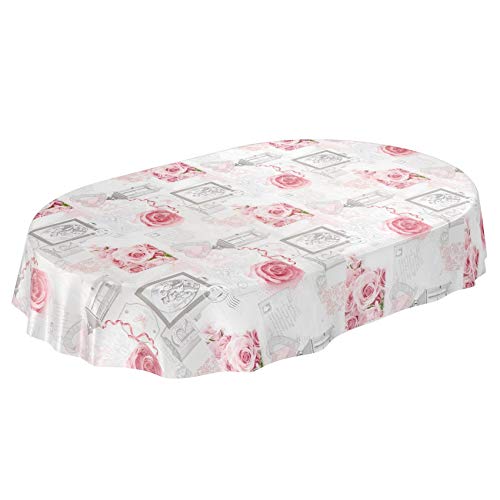 Tischdecke Wachstuchtischdecke Wachstuch Wachstischdecke pflegeleicht abwaschbar Rosen Landhaus Antik Grau Oval 180 x 140cm, Schnittkante, 140 x 180cm von ANRO