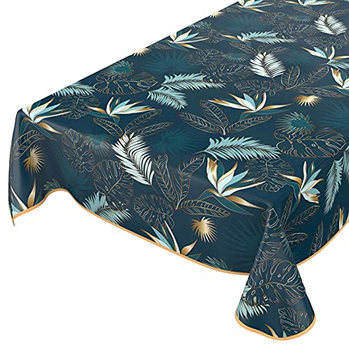 ANRO Wachstuchtischdecke abwaschbar Garten Tischdecke Wachstuch Rund Oval Eckig Indoor Outdoor Blätter Gold Blau 100x140cm mit Saum - Eingefasst von ANRO