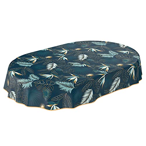 ANRO Wachstuchtischdecke abwaschbar Garten Tischdecke Wachstuch Rund Oval Eckig Indoor Outdoor Blätter Gold Blau Oval 180x140cm mit Saum - Eingefasst von ANRO