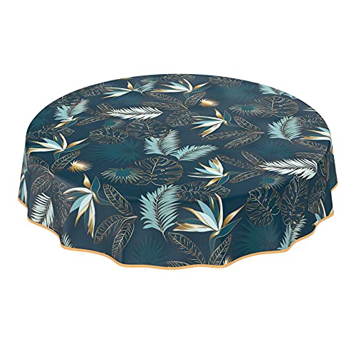 ANRO Wachstuchtischdecke abwaschbar Garten Tischdecke Wachstuch Rund Oval Eckig Indoor Outdoor Blätter Gold Blau Rund 140cm mit Saum - Eingefasst von ANRO