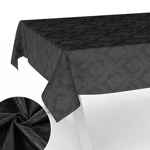 Stoff Tischdecke Textil Tischwäsche Tischtuch Baumwolle Polyester abwaschbar Uni Ornament Damast Jacquard Gewebe waschbar Barock Schwarz 200x140cm Schnittkante von ANRO