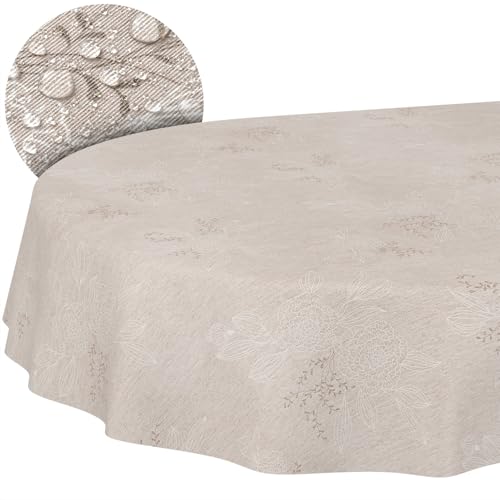 Stoff Tischdecke Tischwäsche Textil Tischtuch Baumwolle Polyester Gewebe abwaschbar pflegeleicht, in rund oval eckig Japondi Beige Oval 180x140cm Schnittkante von ANRO
