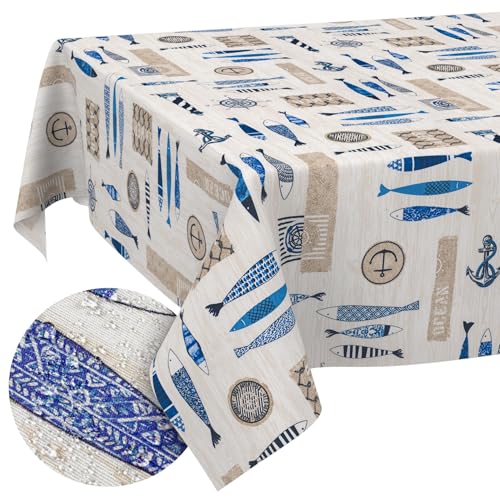 Stoff Tischdecke Tischwäsche Textil Tischtuch Baumwolle Polyester Gewebe abwaschbar pflegeleicht, in rund oval eckig Maritim 100x140cm Schnittkante von ANRO