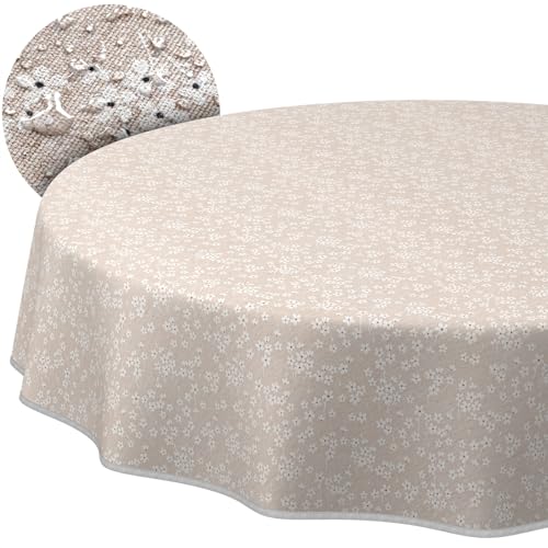 Stoff Tischdecke Tischwäsche Textil Tischtuch Baumwolle Polyester Gewebe abwaschbar pflegeleicht, in rund oval eckig Violen Beige Rund 140cm mit Saum (Eingefasst) von ANRO