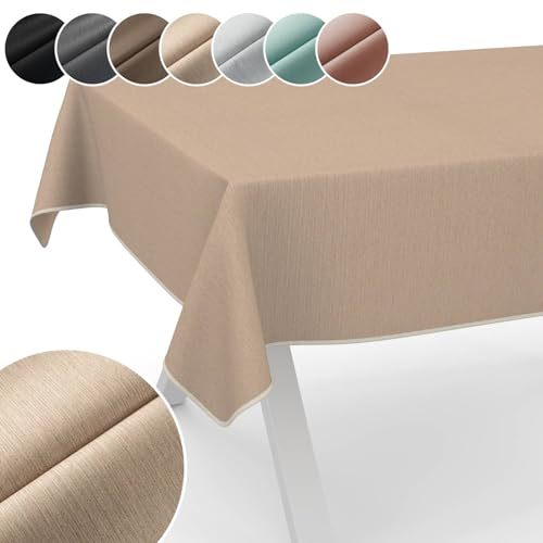 Tischdecke Mila Stoff abwaschbar Tischtuch Tafeldecke Jacquard Teflon beschichtet pflegeleicht Lotuseffekt schmutz- & wasserabweisend Uni Leinenoptik 100x140cm mit Saum (Eingefasst) Beige von ANRO