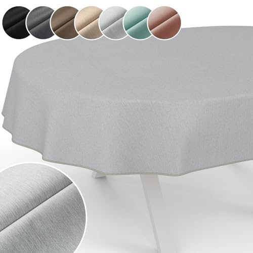 Tischdecke Mila Stoff abwaschbar Tischtuch Tafeldecke Jacquard Teflon beschichtet pflegeleicht Lotuseffekt schmutz- & wasserabweisend Uni Leinenoptik Oval 240x140cm mit Saum (Eingefasst) Pearl von ANRO