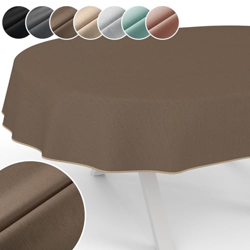 Tischdecke Mila Stoff abwaschbar Tischtuch Tafeldecke Jacquard Teflon beschichtet pflegeleicht Lotuseffekt schmutz- & wasserabweisend Uni Leinenoptik Oval 260x140cm mit Saum (Eingefasst) Sand von ANRO