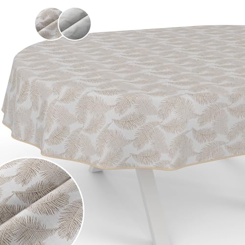 Tischdecke Stoff abwaschbar Lurex Tischtuch Tafeldecke Teflon beschichtet pflegeleicht Lotuseffekt schmutz- & wasserabweisend Kate Floral Blätter Oval 220x140cm mit Saum (Eingefasst) Gold von ANRO