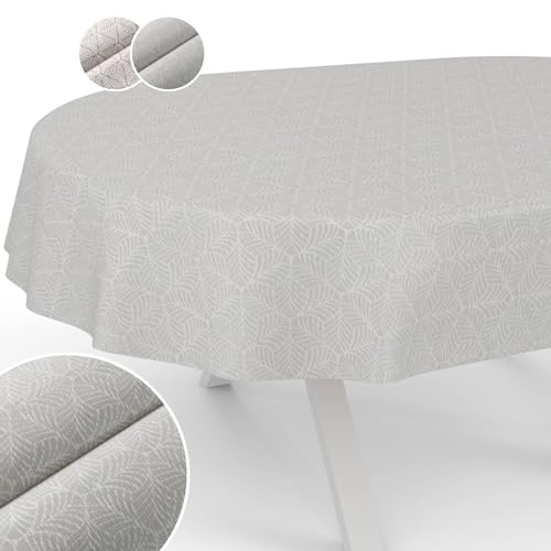 Tischdecke Stoff abwaschbar Lurex Tischtuch Tafeldecke Teflon beschichtet pflegeleicht Lotuseffekt schmutz- & wasserabweisend NATA Blätter Oval 180x140cm Schnittkante Silber von ANRO