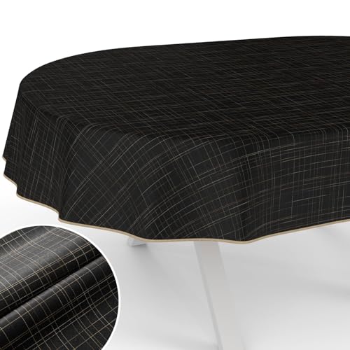 Tischdecke Stoff abwaschbar Tischtuch Tafeldecke mit Teflonbeschichtung pflegeleicht Lotuseffekt Tischdecke schmutz- & wasserabweisend Roma gestreift Oval 280x140cm mit Saum (Eingefasst) Schwarz von ANRO