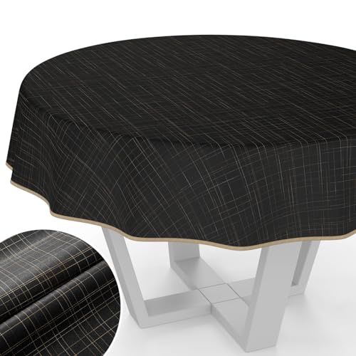 Tischdecke Stoff abwaschbar Tischtuch Tafeldecke mit Teflonbeschichtung pflegeleicht Lotuseffekt Tischdecke schmutz- & wasserabweisend Roma gestreift Rund 140cm mit Saum (Eingefasst) Schwarz von ANRO