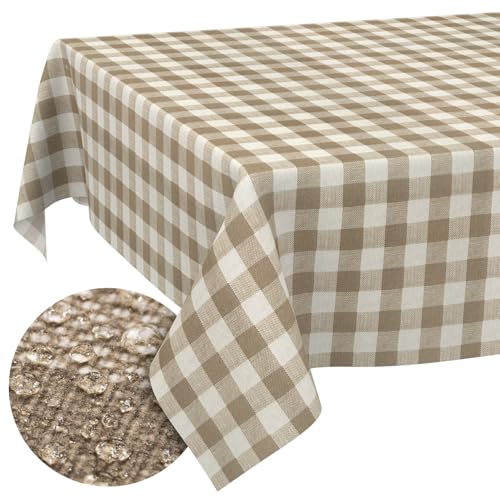 Tischdecke Stoff abwaschbar Tischtuch Tafeldecke pflegeleicht Lotuseffekt schmutz- & wasserabweisend für Indoor Outdoor Tischdecke 100x140cm Schnittkante Karo Beige von ANRO