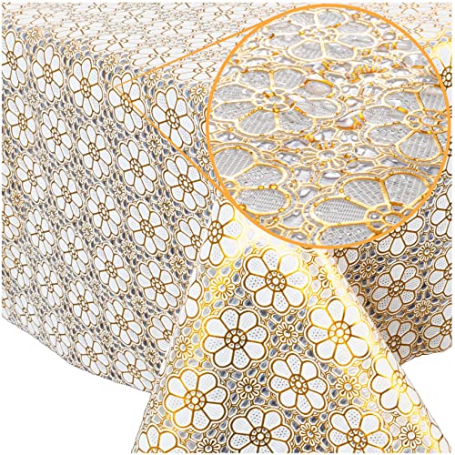 Tischdecke abwaschbar Wachstuch Lace Vinyl Häkel Spitze Optik 280 x 138cm Blumen Gold abwischbar von ANRO