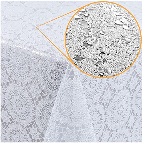 Tischdecke abwaschbar Wachstuch Lace Vinyl Häkel Spitze Optik 280 x 138cm Kreise Weiß abwischbar von ANRO