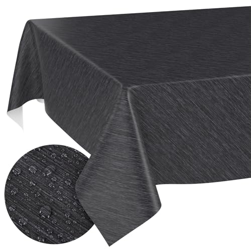 Tischdecke abwaschbar Wachstuch Wachstuchtischdecke Gartentischdecke Leinen-Optik Pflegeleicht Wasserabweisend 200 x 140 cm (Rechteckig) Anthrazit Schnittkante von ANRO