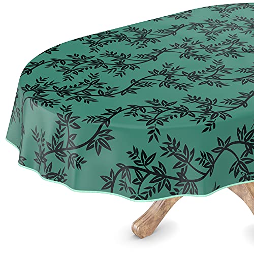 Tischdecke abwaschbar Wachstuch Wachstuchtischdecke Oval 140 x 200cm mit Saum Chika Grün Gartentischdecke Wachstuch von ANRO