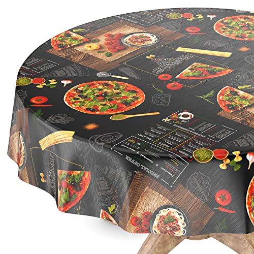 Tischdecke abwaschbar Wachstuch Wachstuchtischdecke Rund 140cm Schnittkante Pizza Schwarz pflegeleicht von ANRO