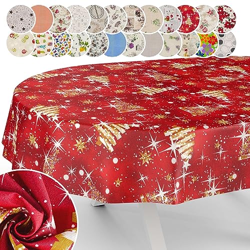 Tischdecke aus Stoff Textil abwaschbar Tischwäsche Tischtuch Baumwolle Polyester Christmas Beige Oval 180x140cm In-/Outdoor Tischdecke von ANRO