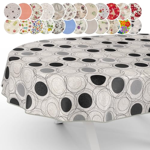 Tischdecke aus Stoff Textil abwaschbar Tischwäsche Tischtuch Baumwolle Polyester Circles Grey Oval 180x140cm In-/Outdoor Tischdecke von ANRO