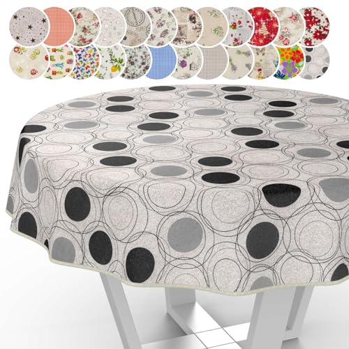 Tischdecke aus Stoff Textil abwaschbar Tischwäsche Tischtuch Baumwolle Polyester Circles Grey Rund 140cm In-/Outdoor Tischdecke von ANRO