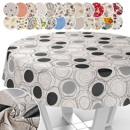 Tischdecke aus Stoff Textil abwaschbar Tischwäsche Tischtuch Baumwolle Polyester Circles Grey Rund 140cm In-/Outdoor Tischdecke von ANRO