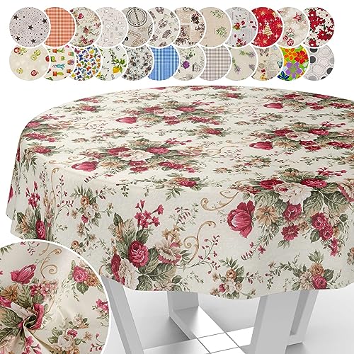 Tischdecke aus Stoff Textil abwaschbar Tischwäsche Tischtuch Baumwolle Polyester Roses Rund 140cm In-/Outdoor Tischdecke von ANRO