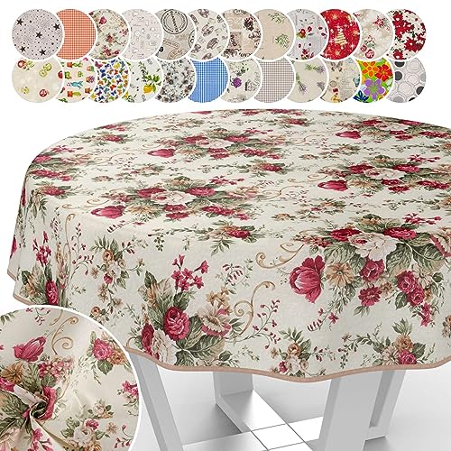Tischdecke aus Stoff Textil abwaschbar Tischwäsche Tischtuch Baumwolle Polyester Roses Rund 140cm In-/Outdoor Tischdecke von ANRO