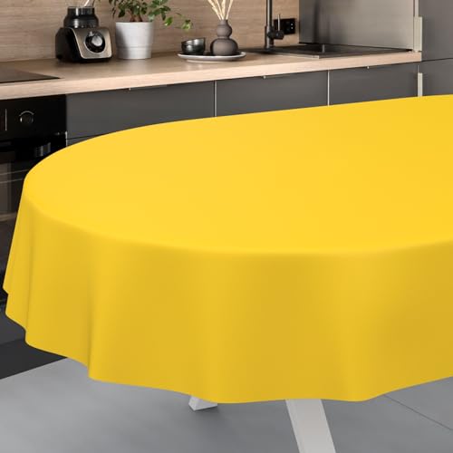 Wachstuch-Tischdecke Tischdecke abwaschbar Wachstuch Garten-Tischdecke Outdoor Indoor Oval 160x140cm Schnittkante Gelb von ANRO