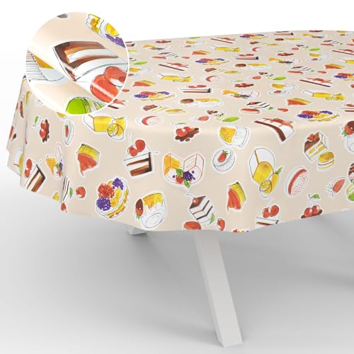 ANRO Wachstuch-Tischdecke abwaschbar Outdoor Indoor Oval 180x140cm Schnittkante Beige von ANRO