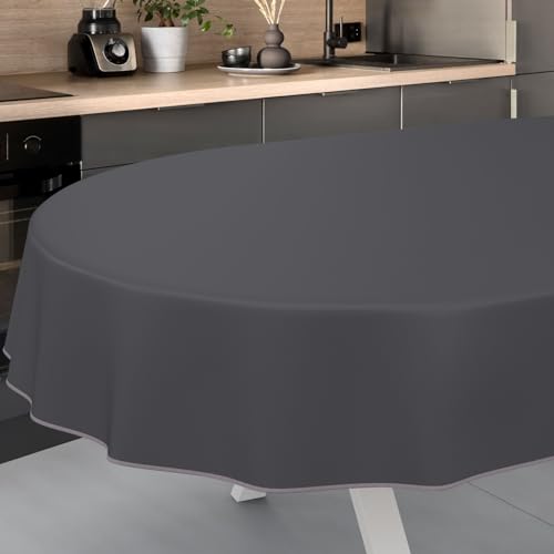 Wachstuch-Tischdecke Tischdecke abwaschbar Wachstuch Garten-Tischdecke Outdoor Indoor Oval 200x140cm mit Saum Anthrazit von ANRO