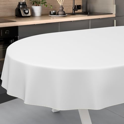 Wachstuch-Tischdecke Tischdecke abwaschbar Wachstuch Garten-Tischdecke Outdoor Indoor Oval 240x140cm mit Saum Weiß von ANRO
