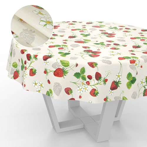 Wachstuch-Tischdecke Tischdecke abwaschbar Wachstuch Garten-Tischdecke Outdoor Indoor Rund 140cm Schnittkante Erdbeeren von ANRO