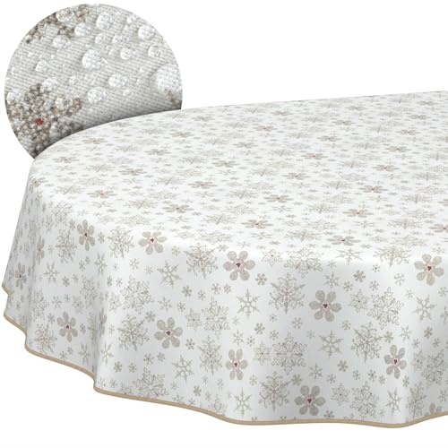 Weihnachtstischdecke Stofftischdecke Tischdecke Weihnachten abwaschbar pflegeleicht Weihnachten Schneeflocken Oval 200x140cm mit Saum (Eingefasst) von ANRO