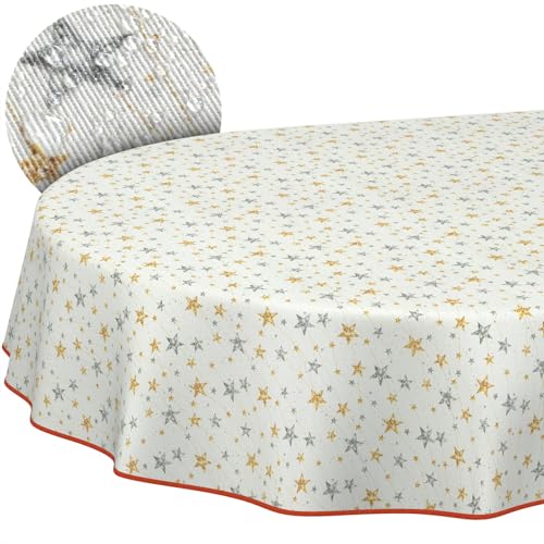 Weihnachtstischdecke Stofftischdecke Tischdecke Weihnachten abwaschbar pflegeleicht Weihnachten Sterne Oval 260x140cm mit Saum (Eingefasst) von ANRO