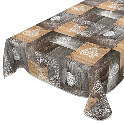 abwaschbare Tischdecke für große Tische Wachstuch Wachtuchtischdecke mit Design Holz Herz Liebe Braun 220x160cm mit Saum - Eingefasst von ANRO