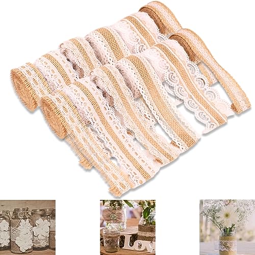 ANROI 12 Rollen Juteband mit Spitze, Sechs Stile, Natürliche Dekoration für DIY Handwerk, Vintage Weiß Spitze, Ideal für Hochzeiten und Handgemachte Produkte (1 Meter pro Rolle) von Homry