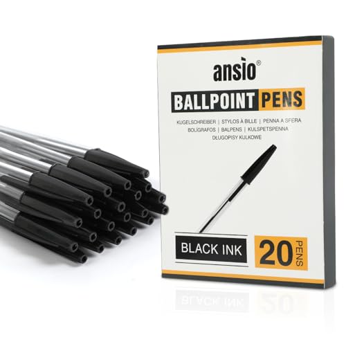ANSIO Schwarze Kugelschreiber, mittlere Spitze (1,0 mm), glattes Schreiben, ideal für Schule, Büro und zu Hause: Vorteilspack mit 20 Stück von ANSIO