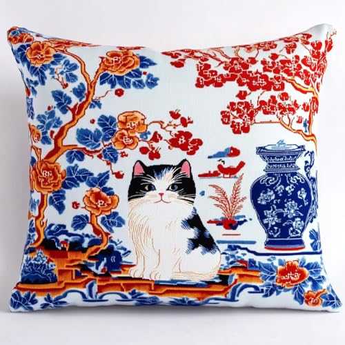 ANSIWEIGO 3D-Kissen Knüpfhaken Stickset DIY,Chinesisches Porzellan und Katze,Knüpfset Knüpfkissen Selberknüpfen Knüpfpackung Kissen Latch Hook kit ür Anfänger Stickset Kissenbezug 43x43cm von ANSIWEIGO