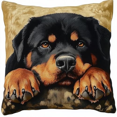 ANSIWEIGO 3D-Kissen Knüpfhaken Stickset DIY,Rottweiler,Knüpfset Knüpfkissen Selberknüpfen Knüpfpackung Kissen Latch Hook kit ür Anfänger Stickset Kissenbezug 43x43cm von ANSIWEIGO