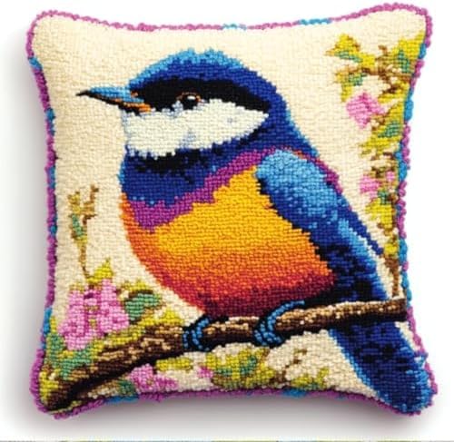 ANSIWEIGO Anfänger Für Knüpfteppich Knüpfkissen Knüpfteppiche Set Bunter Vogel,Latch Hook Kits Cushion Crochet Yarn Cushion Pre-Printed Carpet Handmade,17x17 Zoll von ANSIWEIGO